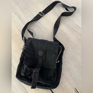 Kipling Lancelot Nylon Crossbody Flap Multi Pocket Buckle Black Messenger Bag